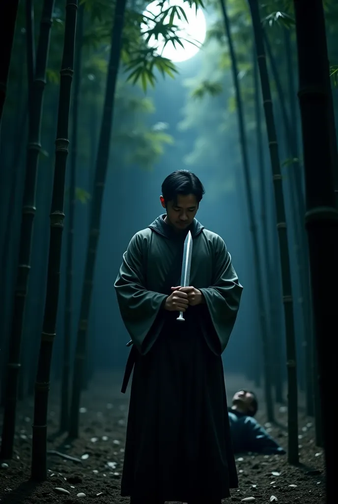 "A humble woodcutter standing alone in the darkened bamboo grove at night, staring at a gleaming dagger in his hands. His face is torn between fear and regret. The moonlight barely illuminates the scene, creating eerie, elongated shadows. Behind him, the s...