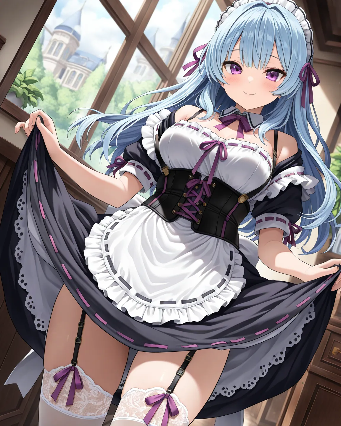  upper, body, smile, 1girl, solo, long hair, light blue hair, purple eyes, tsurime, medium breasts, (maid, frulled dress, ribbon trim dress, black dress, short sleeves, white apron, black corset, suspenders, purple ribbon, garter belt, thigh high socks, of...