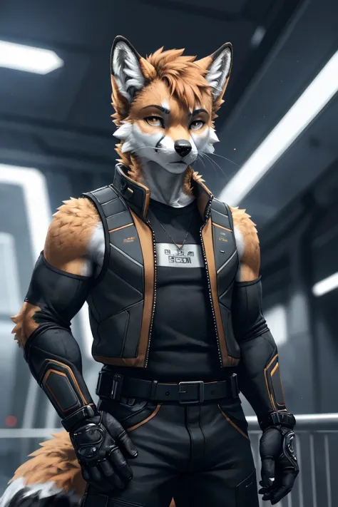 front view, dreamy young muscular cute adventurer fox , tomboy, looking at viewer, half-closed eyes, detailed eyes, whiskers,, wearing black sleeveless spacejacket , bionic implants, utility belt and belt, fluffy tail, detailed fur, realistic fur, leaning ...