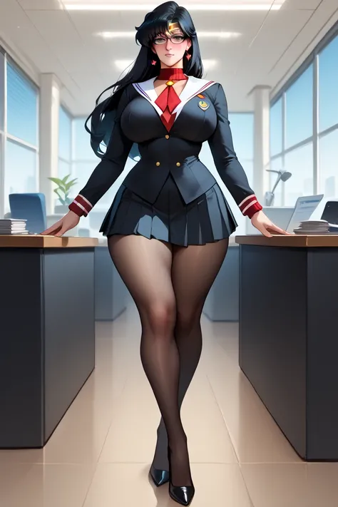 1 mujer sailor mars , full body, long hair , big breasts , long legs,Big Thighs, black suit, pleated black miniskirt, black pantyhose,  black heels,poses sexy , Looking at the spectator, is standing inside an office , blush,She's very nervous,wear glasses,