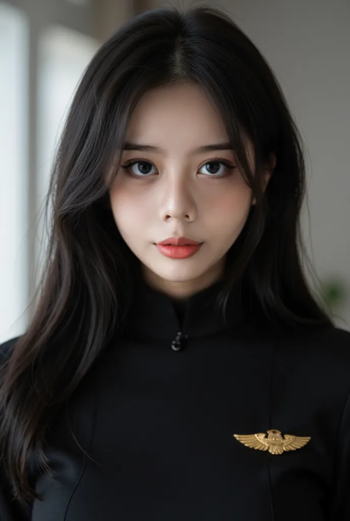 long black hair, blushing, shy, timid, black uniform with gold accents, Hyperrealism, film grain, bokeh, Sony FE, masterpiece, high quality, high details