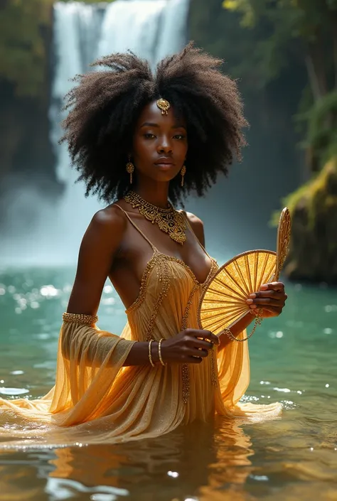 A black woman of radiant beauty, with luminous skin and voluminous afro hair, is surrounded by a crystal clear river, surrounded by the grandeur of a waterfall. She wears a luxurious gold costume, shiny as gold, adorned with delicate jewels and precious st...