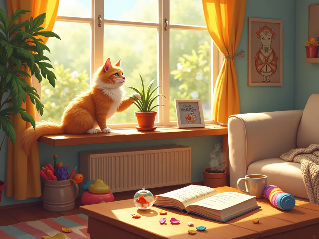 A vibrant and enchanting depiction of a cat's daily life, filled with charm and personality. The scene is set in a cozy, sunlit living room with soft, golden light streaming through large windows. A fluffy, curious cat is perched on a sleek wooden shelf, p...