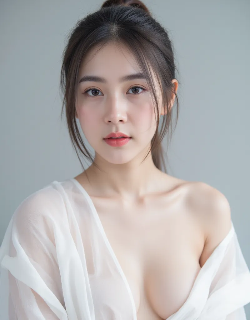 best high quality , young  korean woman face, portrait photo of sexy ghost girl wearing white robe, medium breasts, chest forward