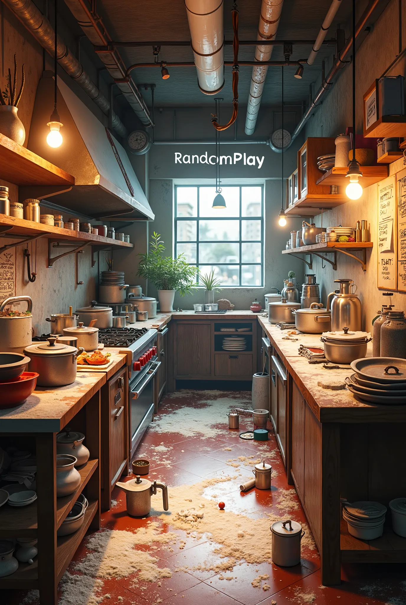 Create a kitchen where everything is messy and that says Randomplay on the back side since that's the name of the place 