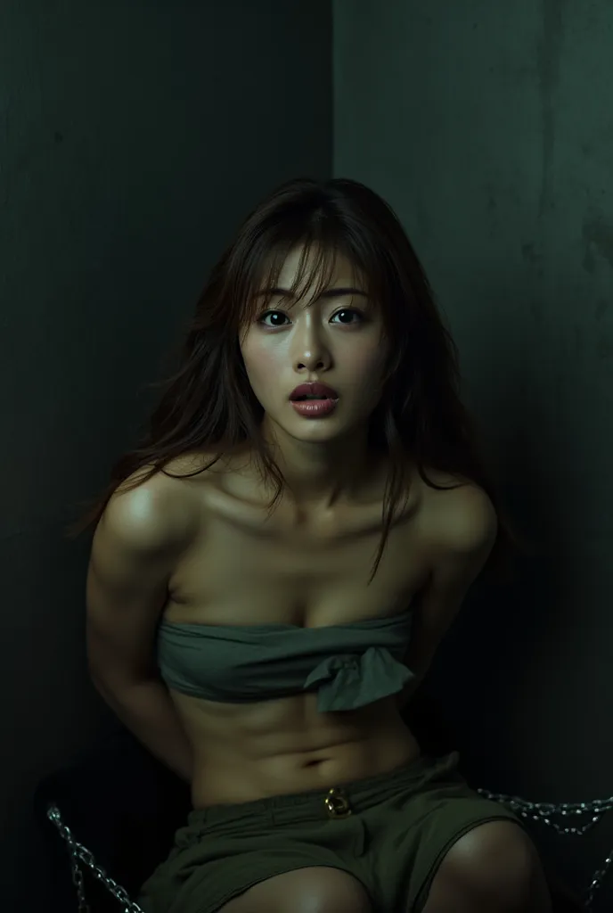  (Young Korean woman), is chained to a chair with a chain, with her arms crossed behind her back, sweaty body, bondage, molested by a man, Impressed by men, helpless, Staggering girl, Charming face, harassment, she is very sweaty, Dark prison, (kissed by a...