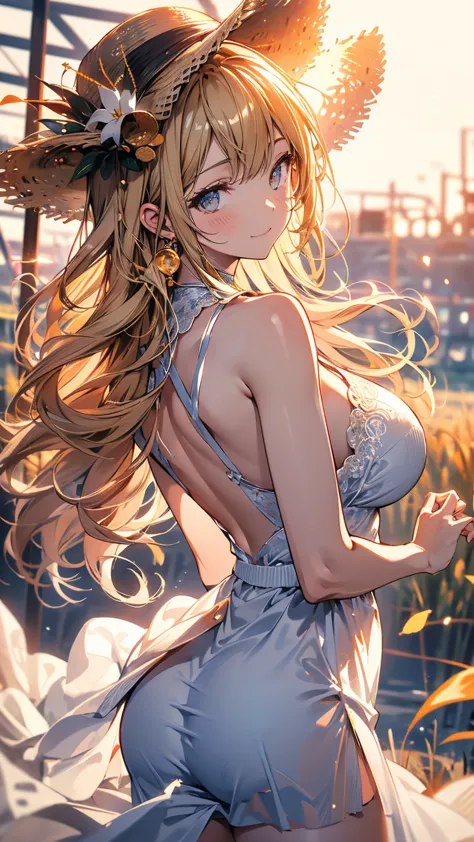 best quality, Focus on Your FACE, Soft light, (depth of field) ,Ultra High Resolution, (photorealistic:1.4), RAW photo, ,  Gold,  huge breasts, long hair, white dress, windでめくれるスカート, big butt, Asshole, straw hat with right hand,  Lewd smile , Lewd, sunset,...