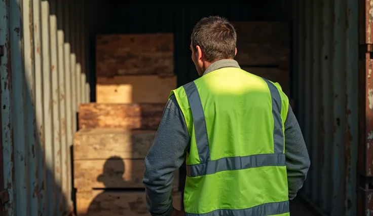 A man from behind with a fluorescent green two-band safety vest stowing boxes halfway up in a container, focuse on details, cinematic lightening, 4k, HD, real light, realistic