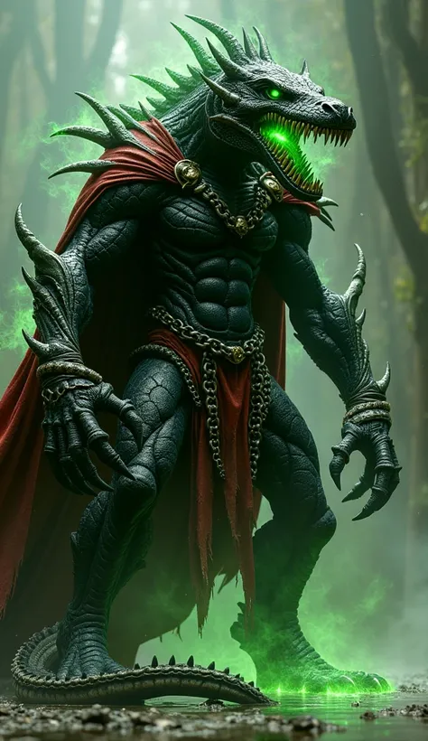 "A terrifying fusion of Spawn and a Gharial, where the dark anti-hero is transformed into a monstrous entity infused with reptilian features. His body is covered in dark, armored scales, pulsating with eerie green energy. His elongated snout, filled with r...