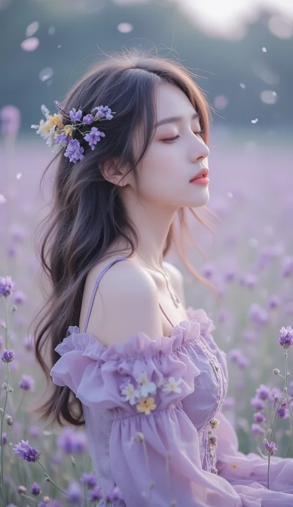 HDR, 8K, masterpiece, best_quality, absurdres, ultra-detailed, highly_aesthetic, highly_detailed_eyes, depth_of_field, realistic_body, 1woman, lavender_dress, pastel_lavender_design, delicate_lavender_wildflowers_on_dress, soft_ruffles, subtle_purple_and_y...