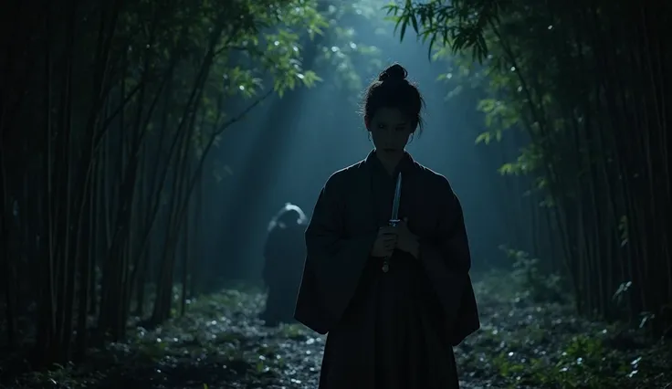 "A Japanese humble woodcutter standing alone in the darkened bamboo grove at night, staring at a gleaming dagger in his hands. His face is torn between fear and regret. The moonlight barely illuminates the scene, creating eerie, elongated shadows. Behind h...