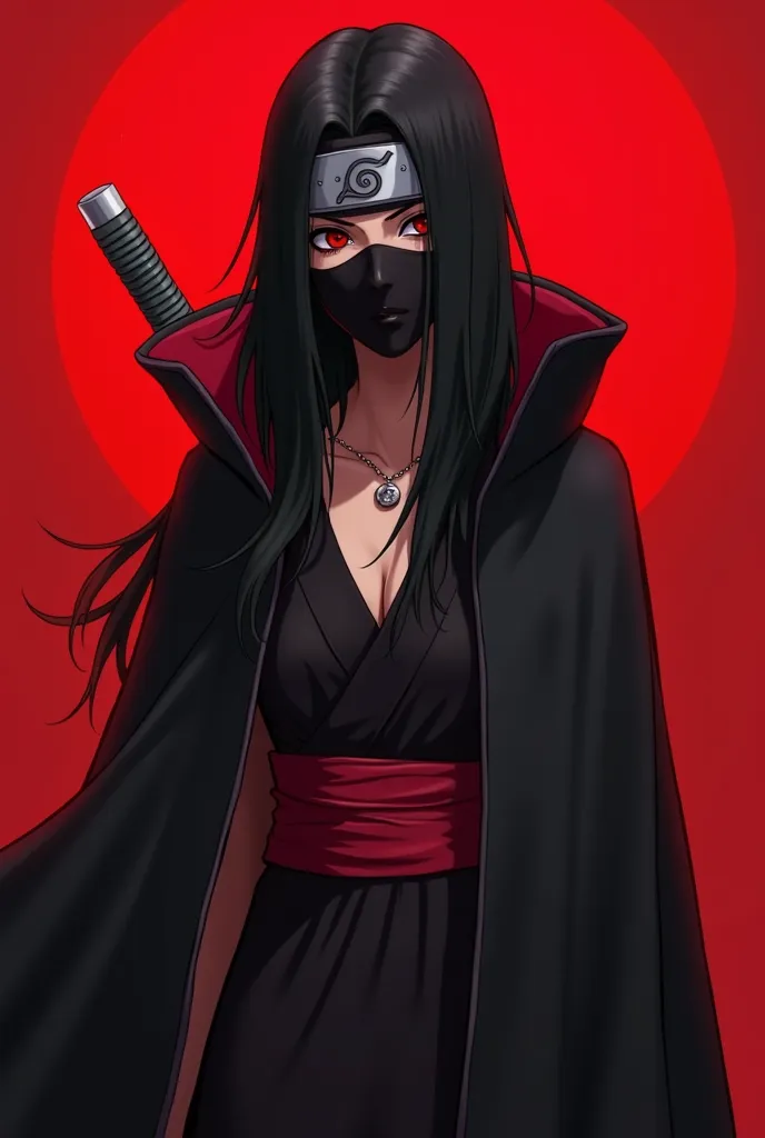 itachi version fille belle avec un masque noir , des gros seins non décolté,des grosse dread locks et un fond rouge avec une cape à capuche noire et l'intérieur en rouge et le bandeau de naruto et une posture droite et mystérieuse au centre du fond rouge. ...