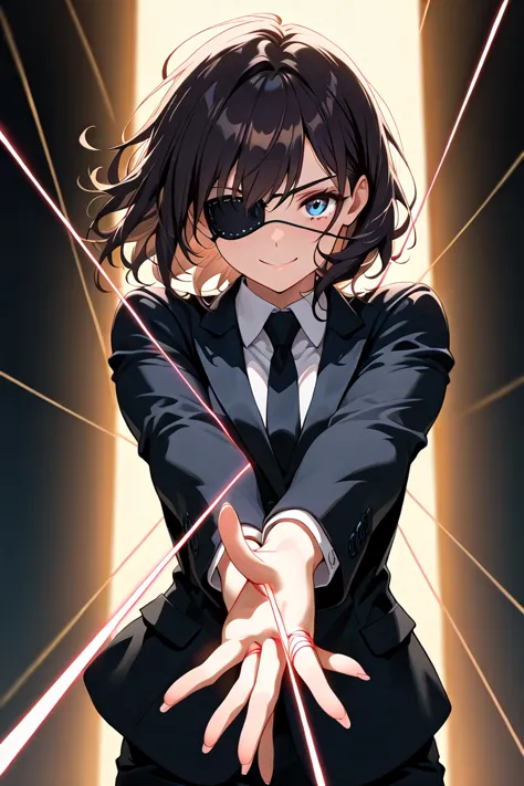 ((((  masterpiece)))), (((( top quality)))),  High Resolution,anatomically correct,1 girl, solo, dark hair,blue eyes,leather eyepatch,suit,handsome,are cool,gentleman,invisible thread,thread the background,Thread on both hands,spread out your hands,smiles,...