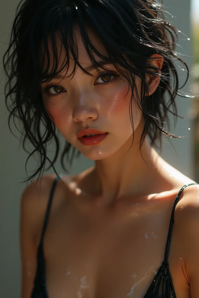  Woman, (masterpiece), Wet body, (  Wet Clothes  ), short black hair,  pink cheeks , brown eyes, Perfect Body, realistic light