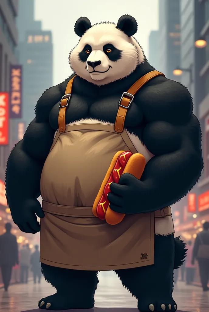 A panda in the style of the Beastars anime, Make it look impressive and strong , wearing an apron and holding a hot dog