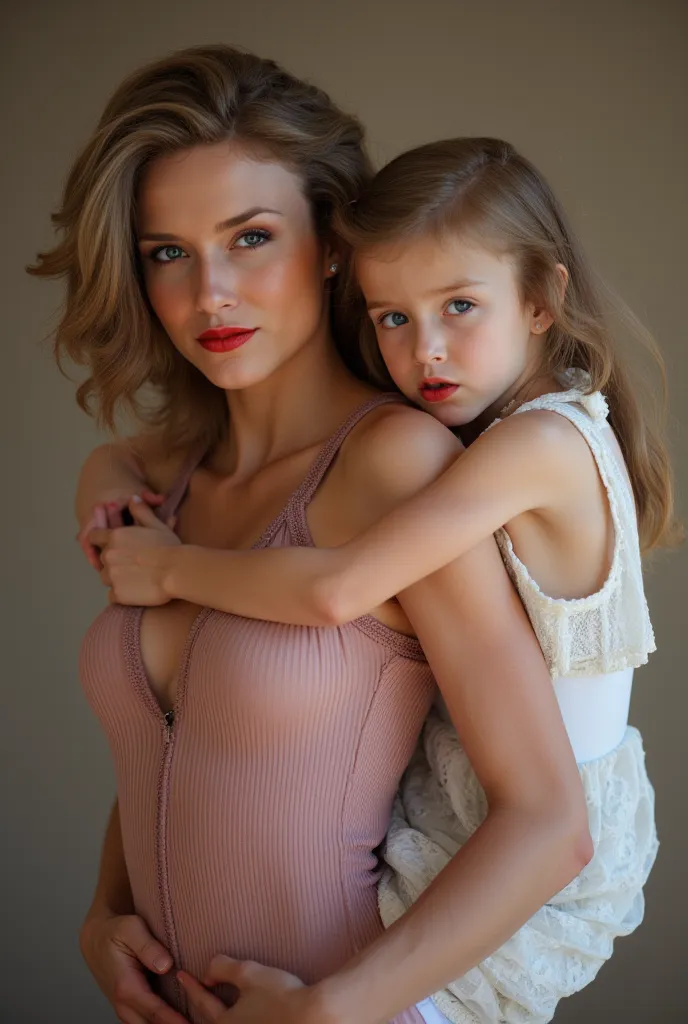 A beautiful mother of Scandinavian origin carrying her daughter of age 4. Both wearing red hot lipstick. Both staring at the camera. 8K resolution and quality.