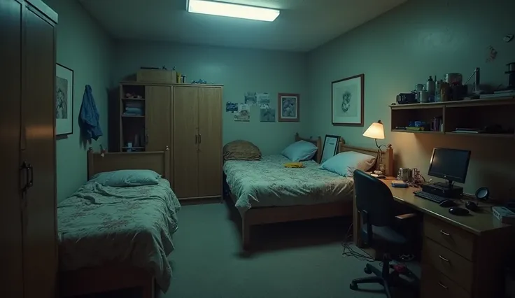 "A highly detailed, ultra-realistic photograph of a small, dimly lit college dorm room. The room has two beds, a cluttered desk with a gaming console and controllers, and a shared wardrobe. The atmosphere is tense, with muted lighting and a slightly messy ...