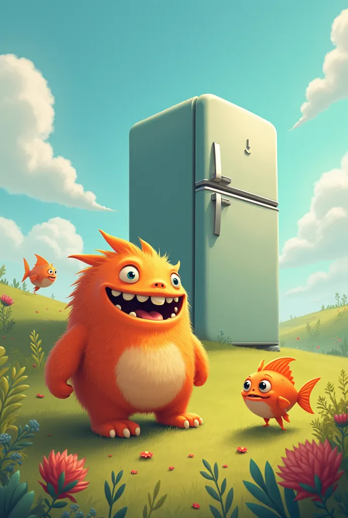 A happy little monster with a fish next door. In the background a large refrigerator on the hill