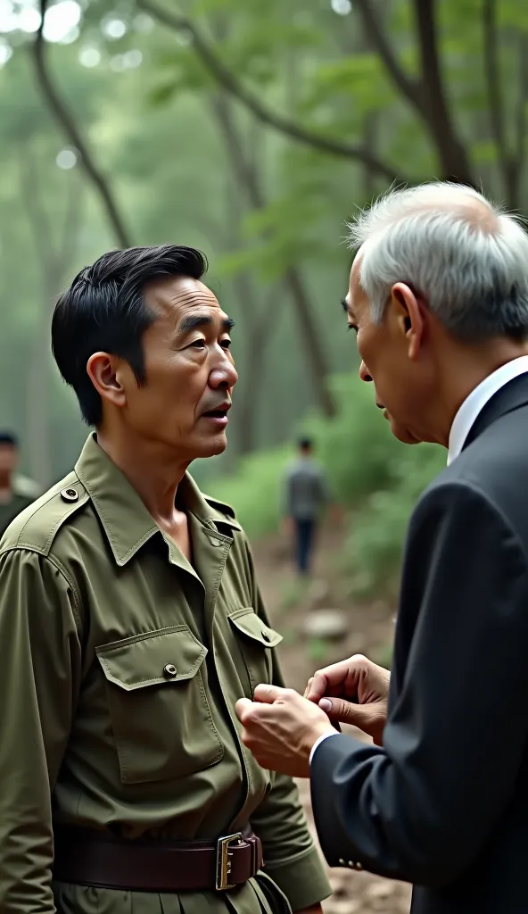 
"A determined Japanese soldier in 1945, Hiroo Onoda, receiving his deployment orders. The scene shifts to 1974, where he, now aged but still in uniform, listens intently as his former commander, an elderly Japanese officer in a formal suit, solemnly relie...