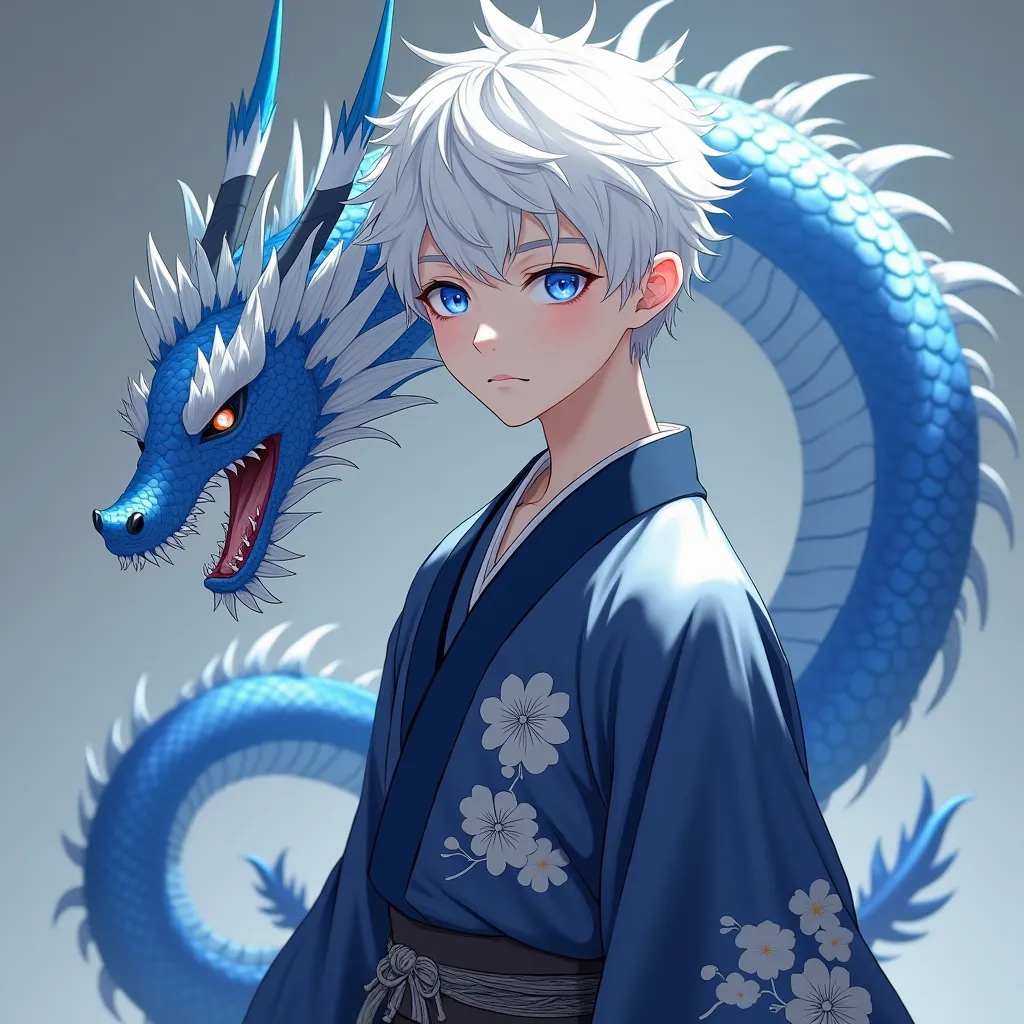 A 17-year-old young man,  blue eye, with short, bushy white hair, wearing a blue-black male kimono with a cloud pattern,has a formidable dragon horn, white with a blue tip, with a Chinese dragon tail on the back, blue scales under the belly, egg white and ...