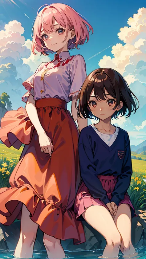 anime, blue sky、 everyday wear、Beautiful young siblings who look like women with short ocher colored belly hairstyles、dark brown skin、 Gold、smile、 big eyes、(pink+ red)Dress shirt 、Don&#39;t show your breasts、white half bread、 park full of flowers 、butterfl...