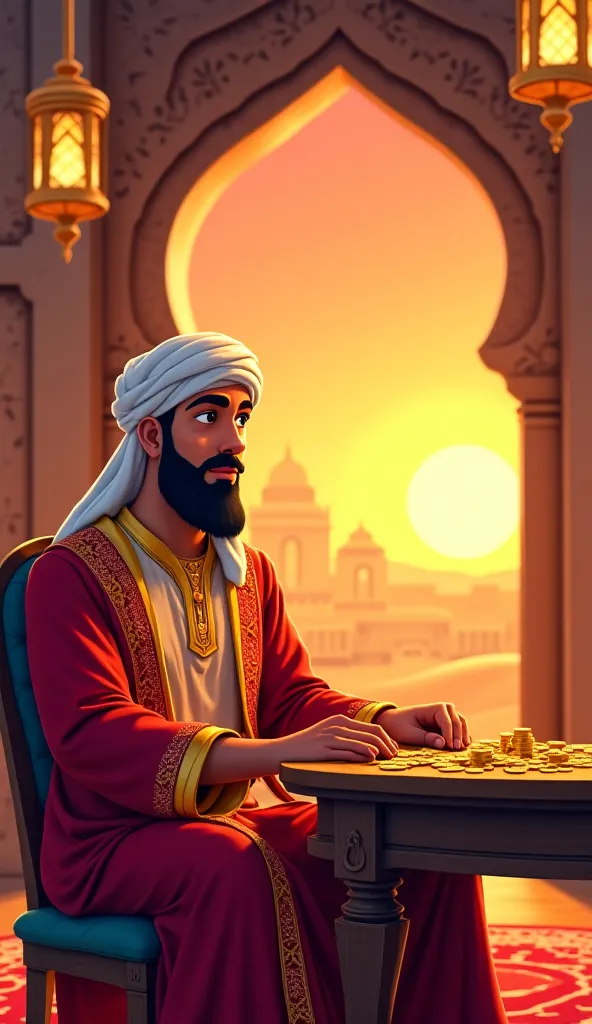 2. The Master Deciding to Increase the Slave's Salary
Prompt:"A cartoon-style Arabian indoor setting. A wealthy merchant-like master, tall with a neatly trimmed beard, wearing a luxurious red and gold embroidered robe with an elegant white turban, sits on ...