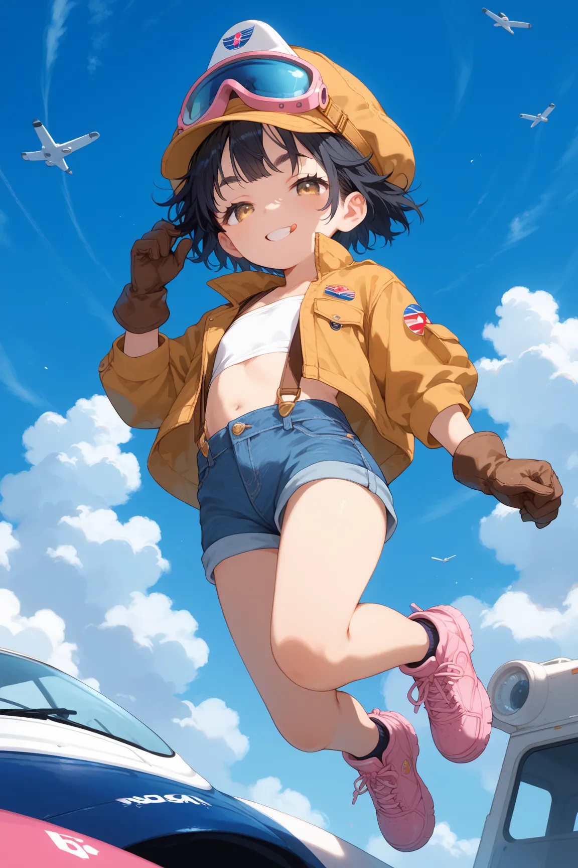 high quality,((megami magazine,anime style)),high resolution,Khaki Pilot hat,Pilot hat with goggle,Pink goggle,messy hair,cool eyes, tsurime ,very short hair,black hair,gold eyes,bushy eyebrows,half closed eyes,grin,tongue out,white tube top,flat chest,bro...