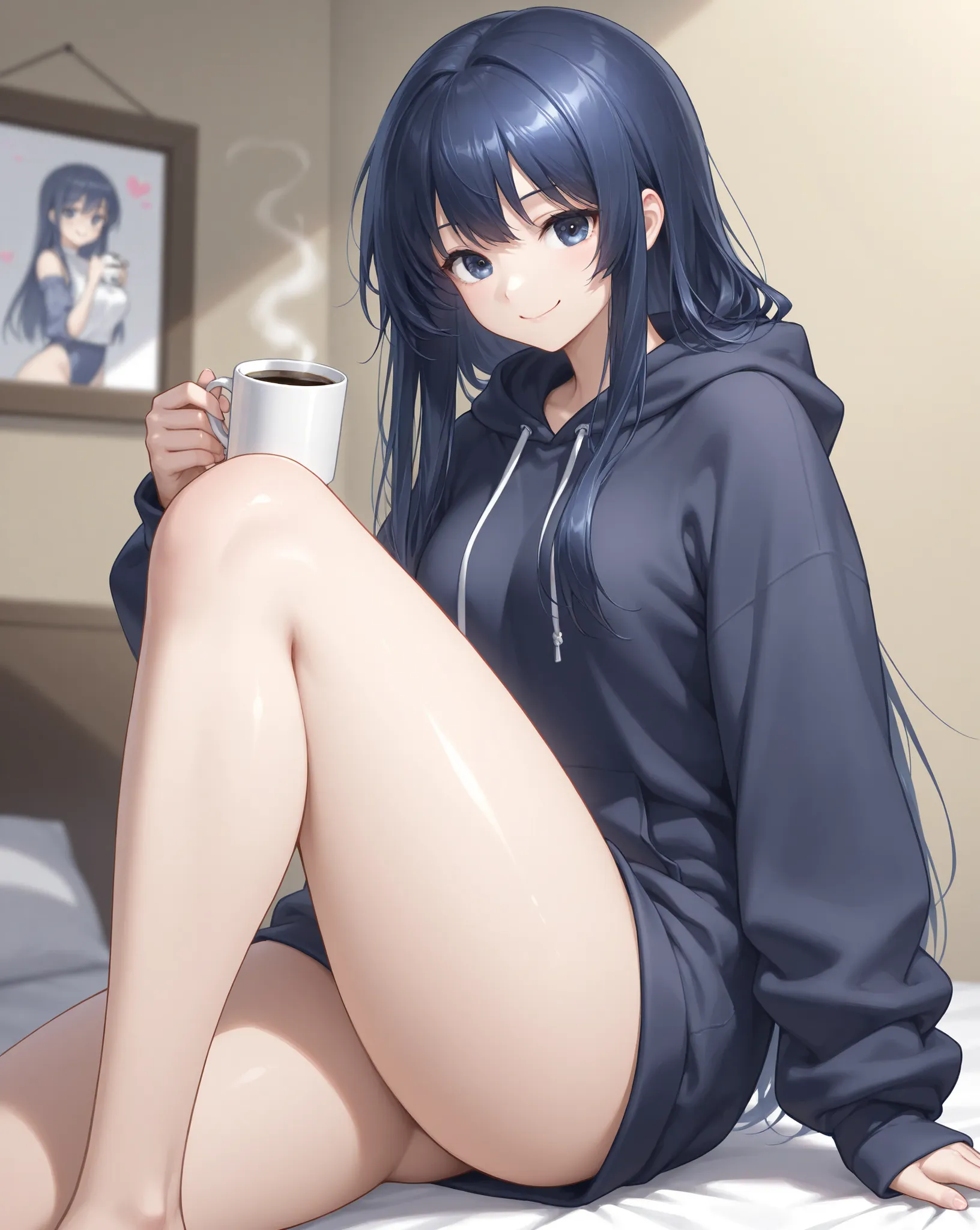 best image quality、Ultra-clear、highest resolution、 best thighs、dark blue hair、dark blue eyes、hoodie、smile、The best face、garden、Bedhead、coffee、long hair、1 woman