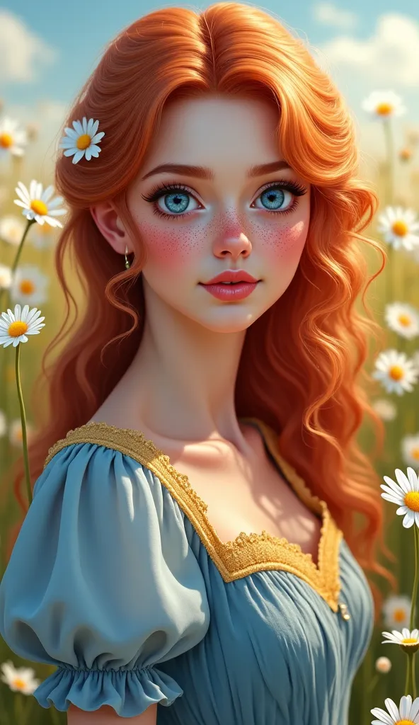 A realistic portrait of a 25-year-old woman with red loose hair in soft waves and a small, single pretty daisy in her hair, with big blue eyes and freckles on the cheeks and nose, gentle look at the viewer, open lips ,  small nose , she wears an azure and ...