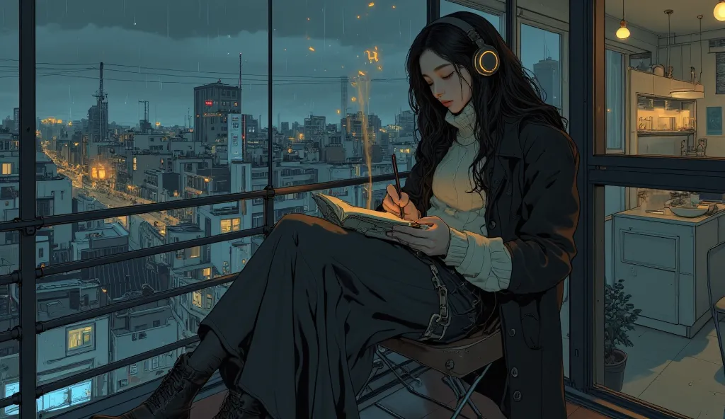 Surrealism, Artwork, 8K quality, highly detailed, semi-realistic anime illustration. A melancholic young female writer with long, wavy black hair and deep gray eyes, sitting on a balcony during a gentle rain. She wears a light gray oversized turtleneck swe...