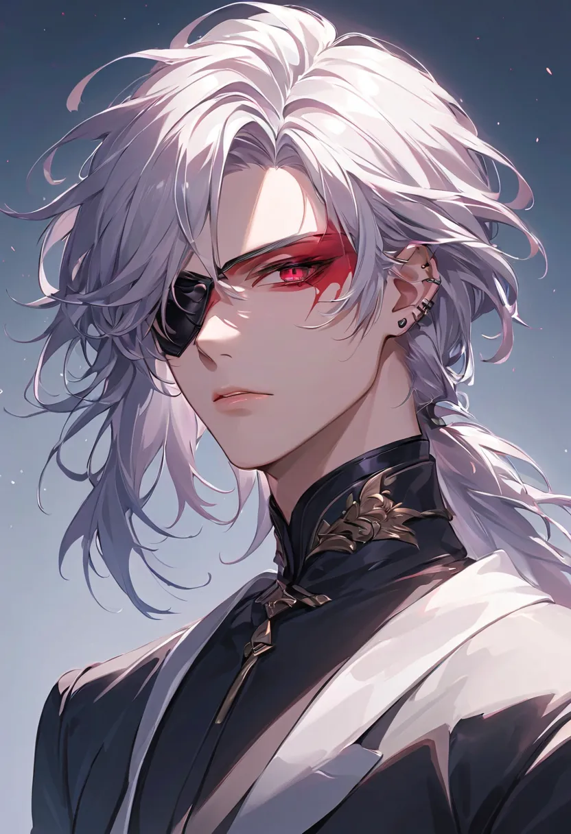 A highly detailed, ultra-HD anime-style illustration of a male bounty hunter character. His hair is depicted with silky highlights and vivid texture, each strand flowing intricately and realistically. His hair is a deep black with subtle crimson undertones...