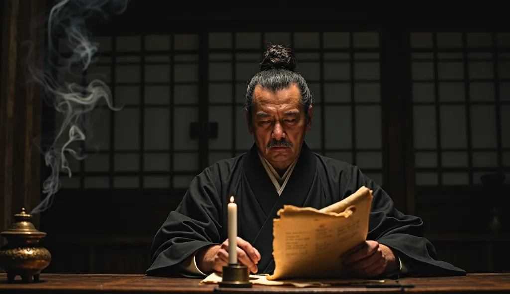 "A stern Japanese judge dressed in a traditional black kimono sits in a dimly lit wooden courtroom. His face is partially illuminated by the soft glow of a candle on his desk, casting deep shadows across his sharp features. He holds several aged, slightly ...