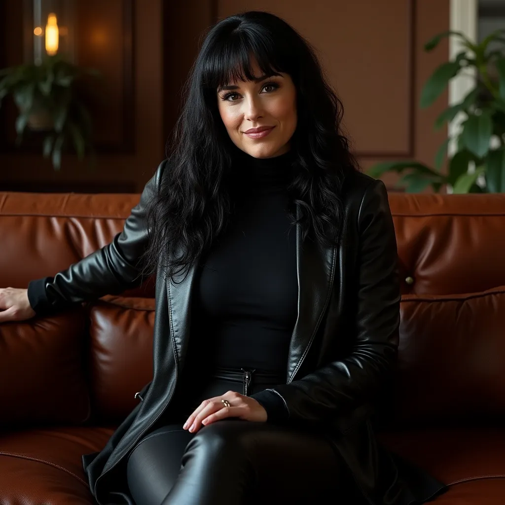 Realistic HDR noisy picture of a curvy sexy woman, 42 years old, black hair with bangs framing her face, subtle smile, sexy build, sexy milf body, muscular, wide hips, wearing long leather cardigan, leather turtleneck and leather pants, high heels, white l...