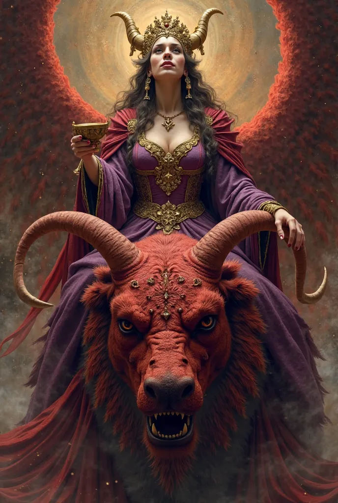 I saw a woman sitting on a scarlet beast, full of blasphemous names, having seven heads and ten horns.
4 The woman was clothed in purple and scarlet, and adorned with gold and precious stones and pearls, having in her hand a gold cup full of abominations a...