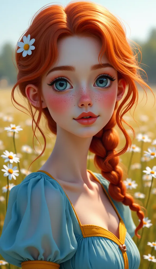 A realistic portrait of a 25-year-old woman with red loose hair in soft waves and a small, single pretty daisy in her hair, with big blue eyes and freckles on the cheeks and nose, gentle look at the viewer, open lips ,  small nose , she wears an azure and ...