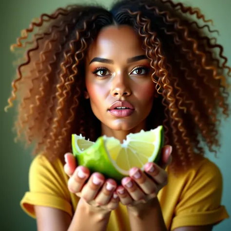 A woman with thick, curly, brown hair, clutching a Lime fruit with her hands and splashes of juice fall on the lens, half a lime crumpled in her hand.