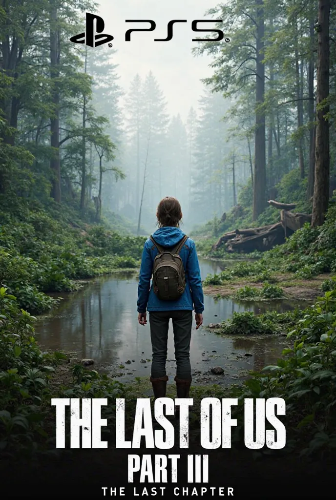 A visually striking promotional image for The Last of Us Part III, featuring a young woman standing in a lush, overgrown forest by a reflective body of water. She wears a blue jacket and has a backpack, gazing contemplatively at the landscape. The backgrou...