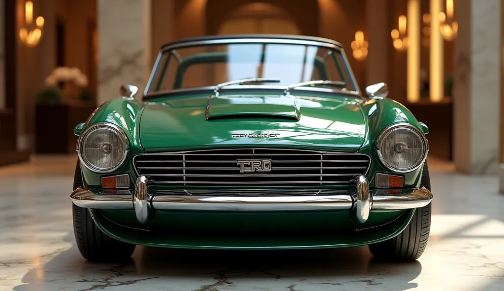 "A high-quality, ultra-realistic render of the 2025 Triumph TR6, showcasing a modernized version of the classic British sports car from a front-facing angle. The car features a bold British Racing Green exterior with a wide, aggressive stance. The front gr...