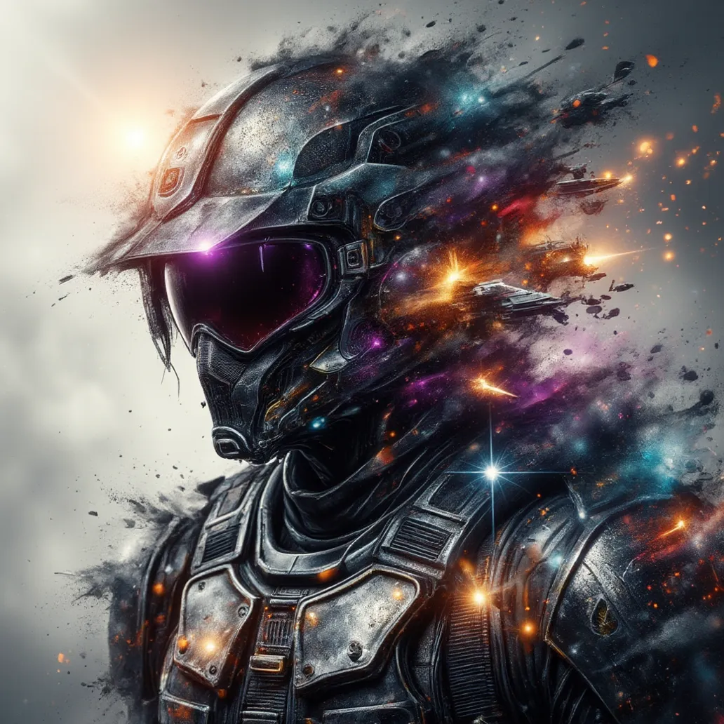 double exposure style, Prospect: Anthropomorphic Crow soldier donned in black modern combat armor. Silhouette: Space battle, soldiers and starships, the name "MAB" included. colorful, Dynamic Pose, Dynamic contrast ,Silhouette intensity strong, Double expo...