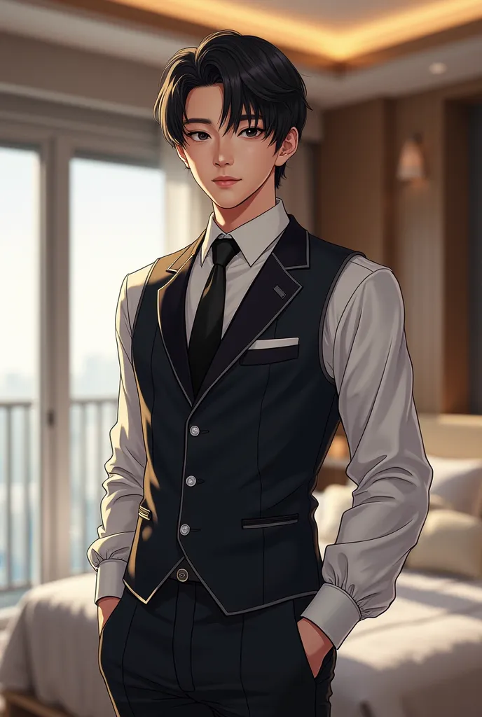 a drawing of a Chinese male idol wearing a suit vest with a black background, clothes with silver borders and buttons, Short hair with bangs, In the background a luxurious double bedroom, a single bed of 1,4 meters wide equipped with new bedding, a complet...