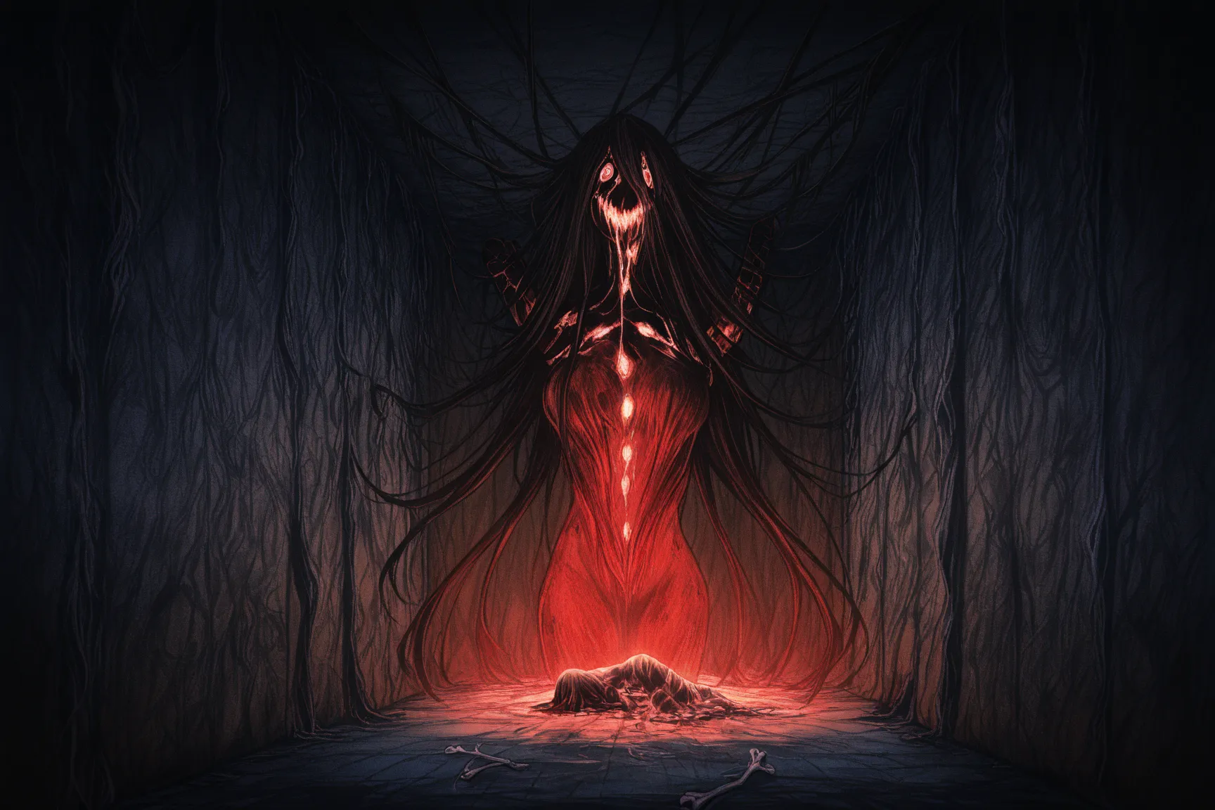 The spider woman, a grotesque yet hauntingly beautiful demon, lounges in the depths of her dungeon-like chamber. The walls are damp and crumbling, coated in layers of ancient, sticky webbing that glistens faintly in the flickering torchlight. The air is th...