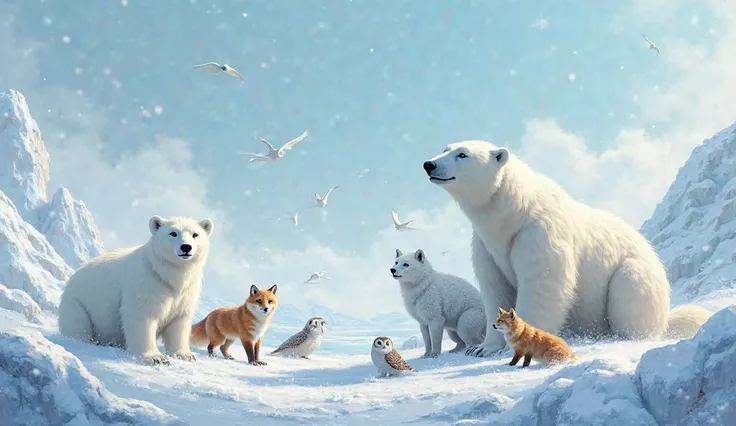 Several different animals are living in the same nature., Northern polar atmosphere background filled with snow and ice