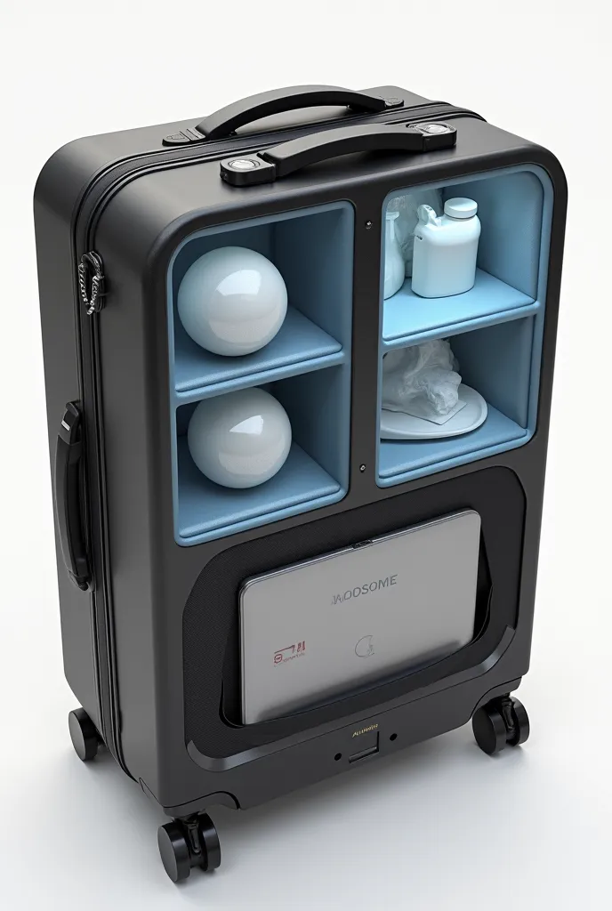 A thermofunctional suitcase that has two pockets, one for cold and one for hot, with a pocket for laptop and one for spheres, give me the 3 views of this front, top and back case. 