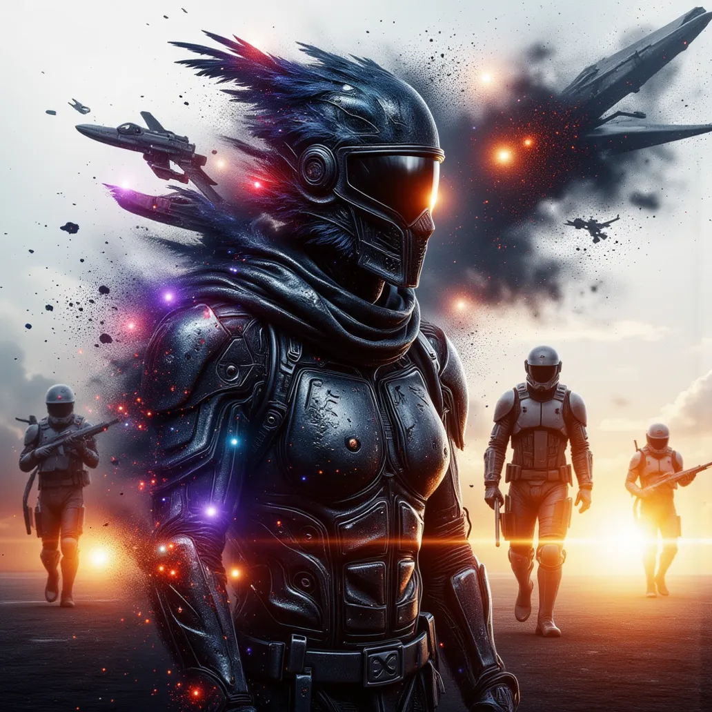 double exposure style, Prospect: Anthropomorphic Crow soldier donned in black modern combat armor. Silhouette: Space battle, soldiers and starships, the name "MAB" included. colorful, Dynamic Pose, Dynamic contrast ,Silhouette intensity strong, Double expo...