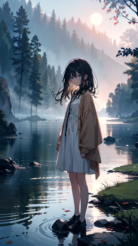 A gentle but anxious age girl with semi-long black hair, wearing a long beige cardigan over a simple dress, standing **far from the edge of the lake, on solid dry ground**, her feet planted firmly **on grass and fallen leaves**, making sure to stay away fr...