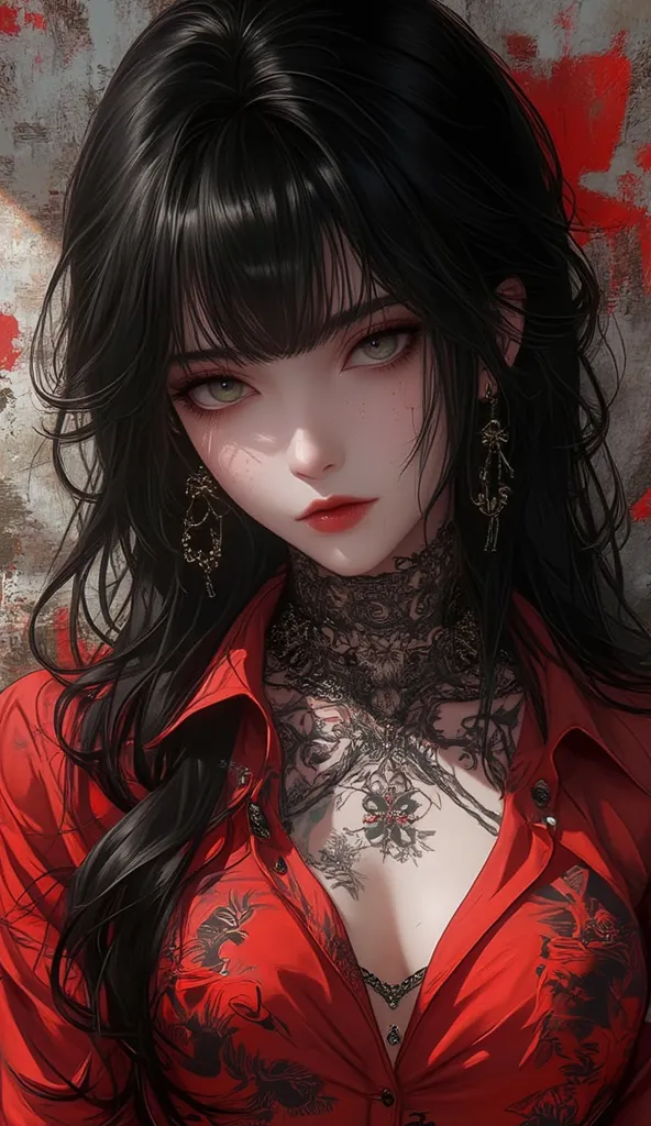 ​masterpiece, highest quality, pixiv, cool girl, model girl, topless, love lips, long black hair, curly hair, blunt bangs, straight bangs, grey eyes, white skin, girl, enhance, graffiti-style, cool, gangster, Böses girl, tattoo, wearing red shirt