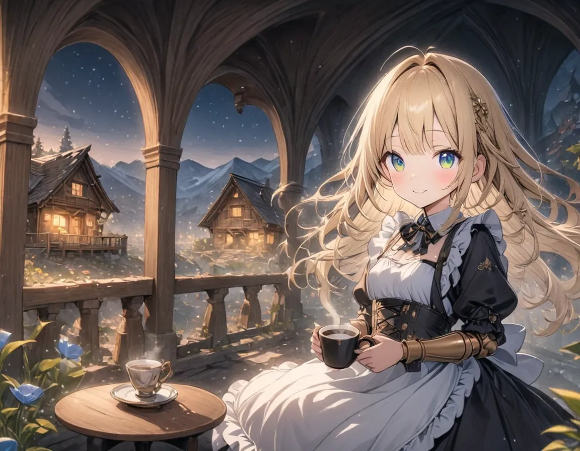  more detailed illustrations , One person, cute,  small tits,  Gold, maid clothes,  , Gold decoration,  doll joints, Brewing coffee,  best smile, log house, On the balcony２Floor, grace,  table, fantastic scenery,  night view,  background, Mysterious, Myste...