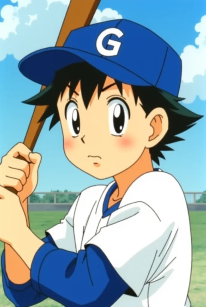 This image is from a classic Japanese anime, likely from the sports genre, focusing on baseball. Here are the full details based on the visual elements:

Character Details:

The character is a young baseball player with a determined expression.

He is grip...