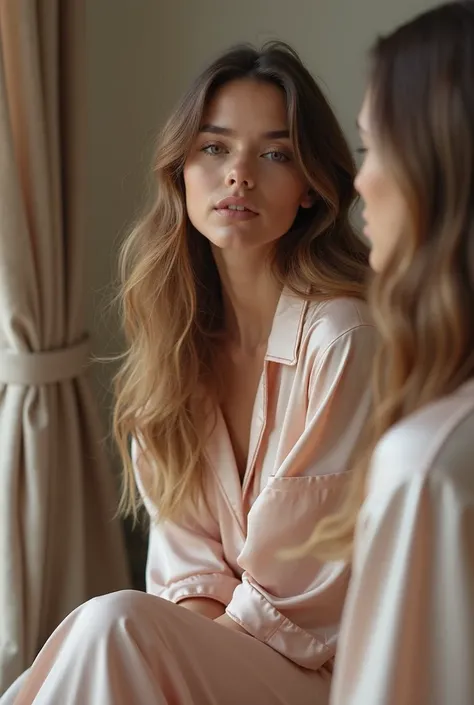  A young woman with long wavy hair , wearing elegant and comfortable silk pajamas. She is seated in front of a mirror, applying makeup with delicacy and concentration. Her gaze is confident and enchanting, reflecting empowerment and sophistication. The sof...