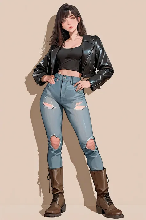 A woman stands confidently against a neutral background, her hands resting on her hips. She is dressed in a black leather jacket over a black tank top, paired with ripped jeans and knee-high brown boots. Her dark hair is styled short, adding to her edgy lo...